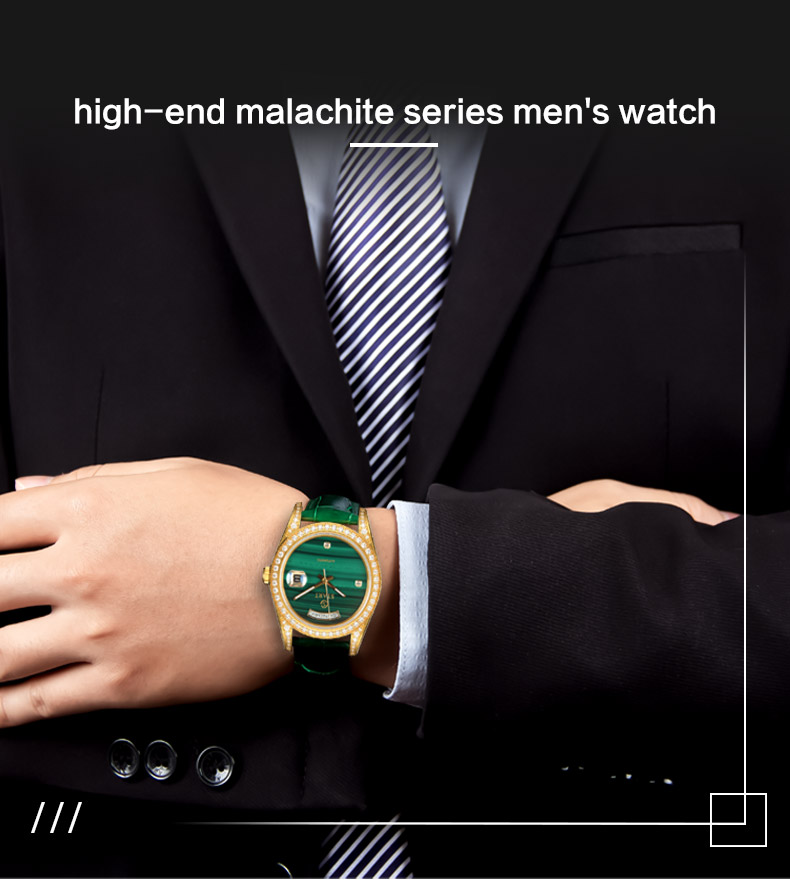 【START】Đồng hồ nam đá khổng tước tự nhiên（Malachite）đồng hồ kim cương chức năng hiển thị thứ ngày  đồng hồ cơ tự động dây da cá sấu Khóa bướm