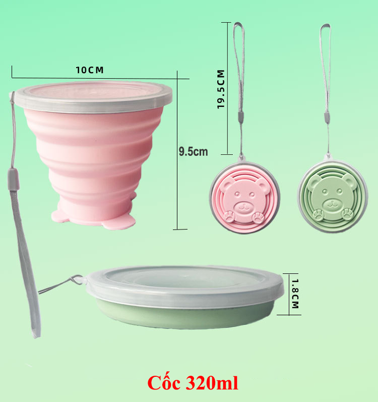 Cốc Gấp Gọn Silicon KUNBE Có Nắp Đậy Dây Treo Tiện Lợi