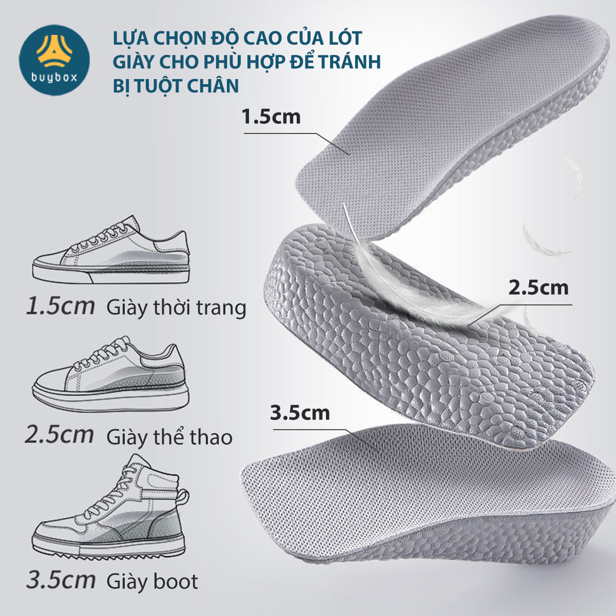 Lót giày tăng chiều cao chất liệu cao cấp êm chân thoáng khí, siêu nhẹ dành cho nam và nữ - Buybox - BBPK229