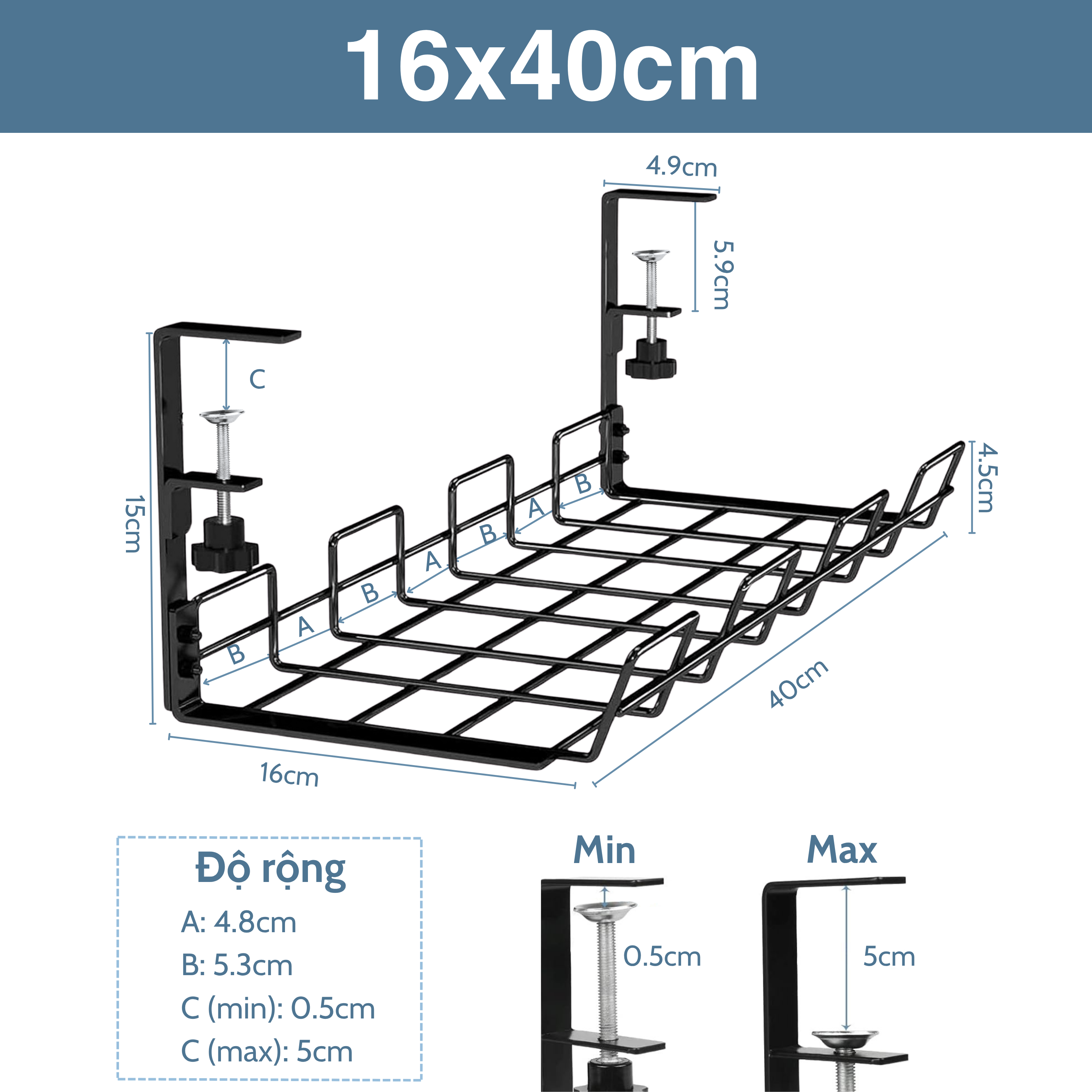 Khay đỡ ổ điện dây điện gắn dưới bàn kệ bằng kim loại thép không cần đục lỗ 40x16x15cm Legaxi