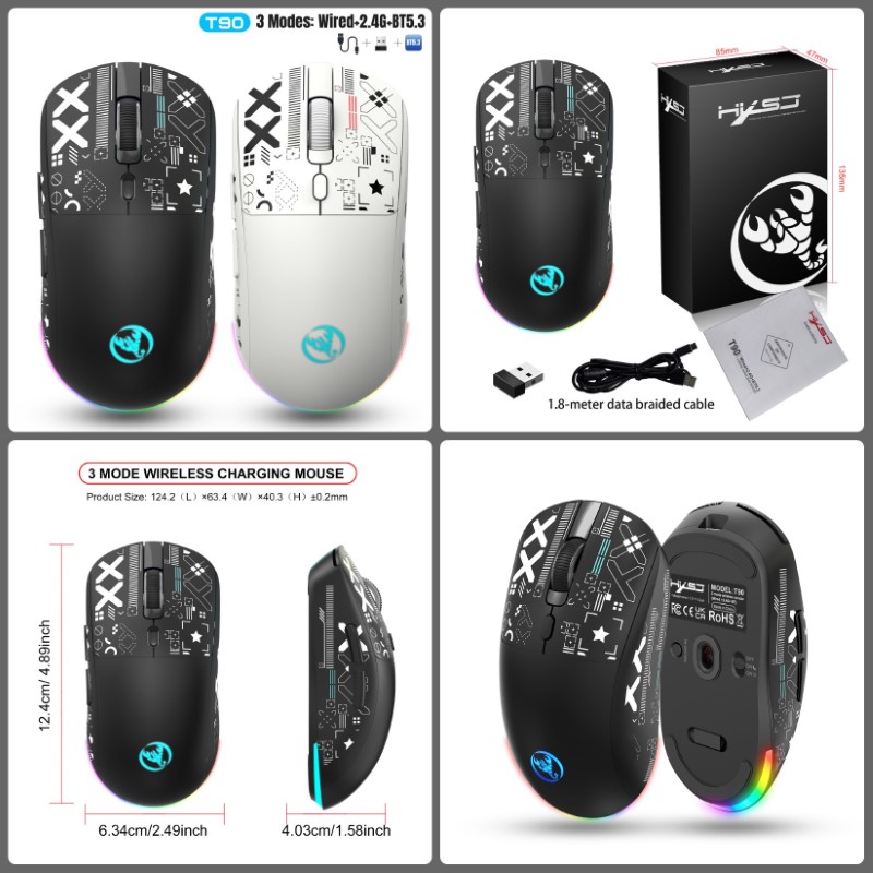 Chuột Led RGB Không Dây chống ồn T90 đa kết nối Bluetooth 5.3 + Usb 2.4 + Cáp 3600Dpi Pin Sạc TypeC hàng nhập khẩu