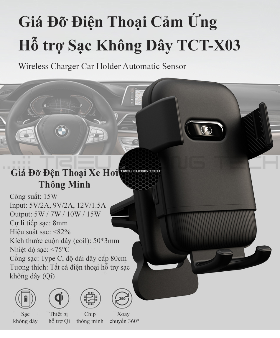 Giá Đỡ Điện Thoại Xe Hơi Ô Tô Cảm Ứng - Hỗ Trơ Sạc Thông Minh Không Dây Qi - Kẹp Cửa Thông Gió Hoặc Sử Dụng Đế Hít Tiện Lợi - Hàng Chính Hãng 