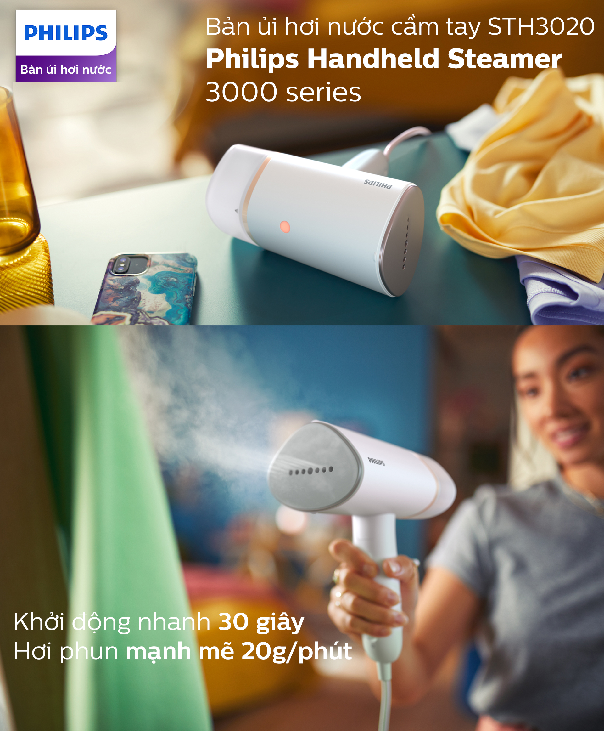 Bàn Ủi Hơi Nước cầm tay PHILIPS STH3020 /10 |1000W| gập lại được - Hàng Chính Hãng
