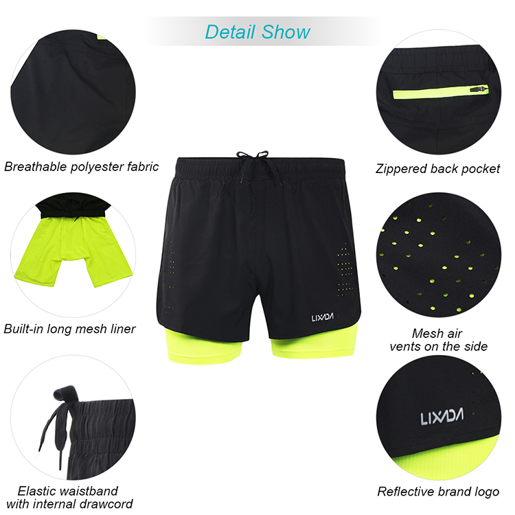 Lixada Men's 2-in-1 Running Shorts Quick Drying Breathable Active Training Exercise Jogging Cycling Shorts with Longer