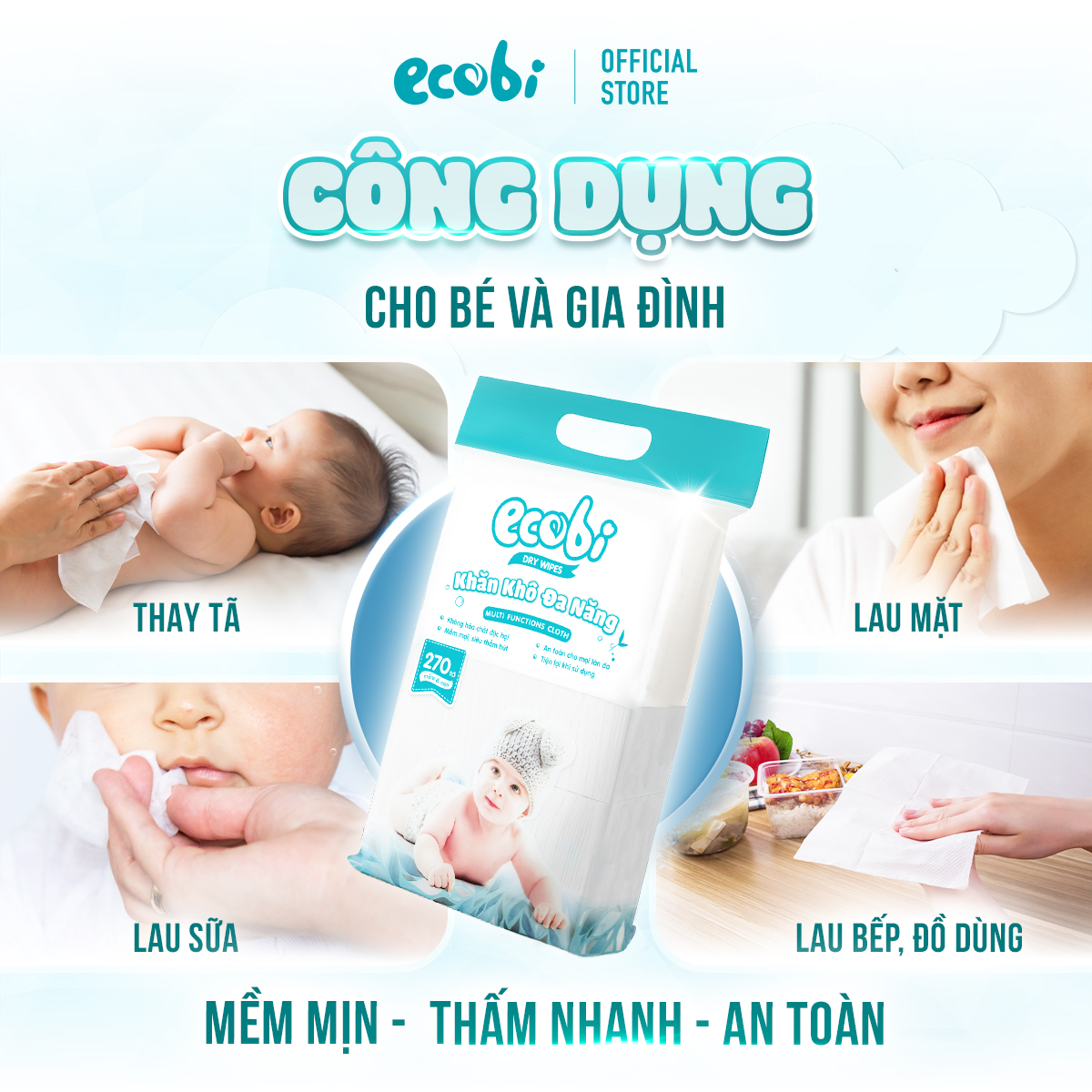 Thùng 03 túi khăn vải khô đa năng cho bé EcoWipes túi 270 tờ 345g mềm mịn dai thấm hút tốt