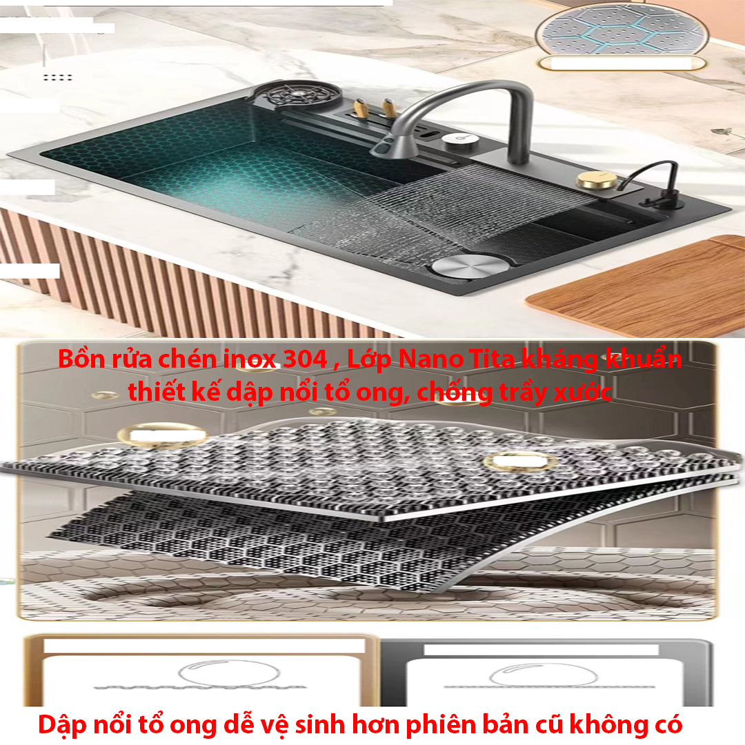 Chậu rửa bát 1 hố Inox 304 không rỉ, phủ Nano, Bồn rửa chén vòi xả thác Victory , dập vân nổi tổ ong