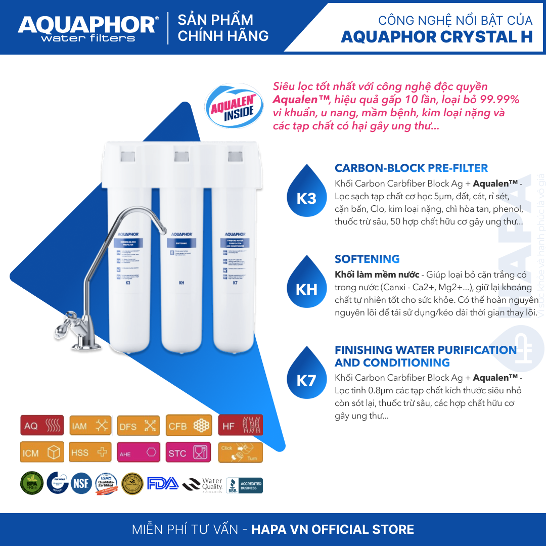 Máy Lọc Nước AQUAPHOR CRYSTAL H Chuẩn Nước Khoáng Uống Trực Tiếp, Công Nghệ NANO Aqualen, Không Dùng Điện - Nhập Khẩu Châu Âu , Hàng Chính Hãng