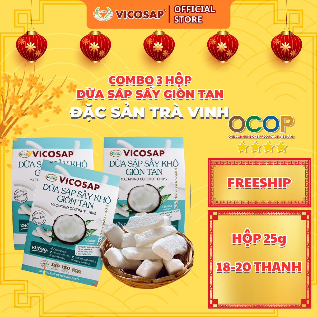 COMBO 3 hộp Dừa sáp sấy giòn cao cấp VICOSAP ít đường đồ ăn vặt healthy đặc sản Trà Vinh