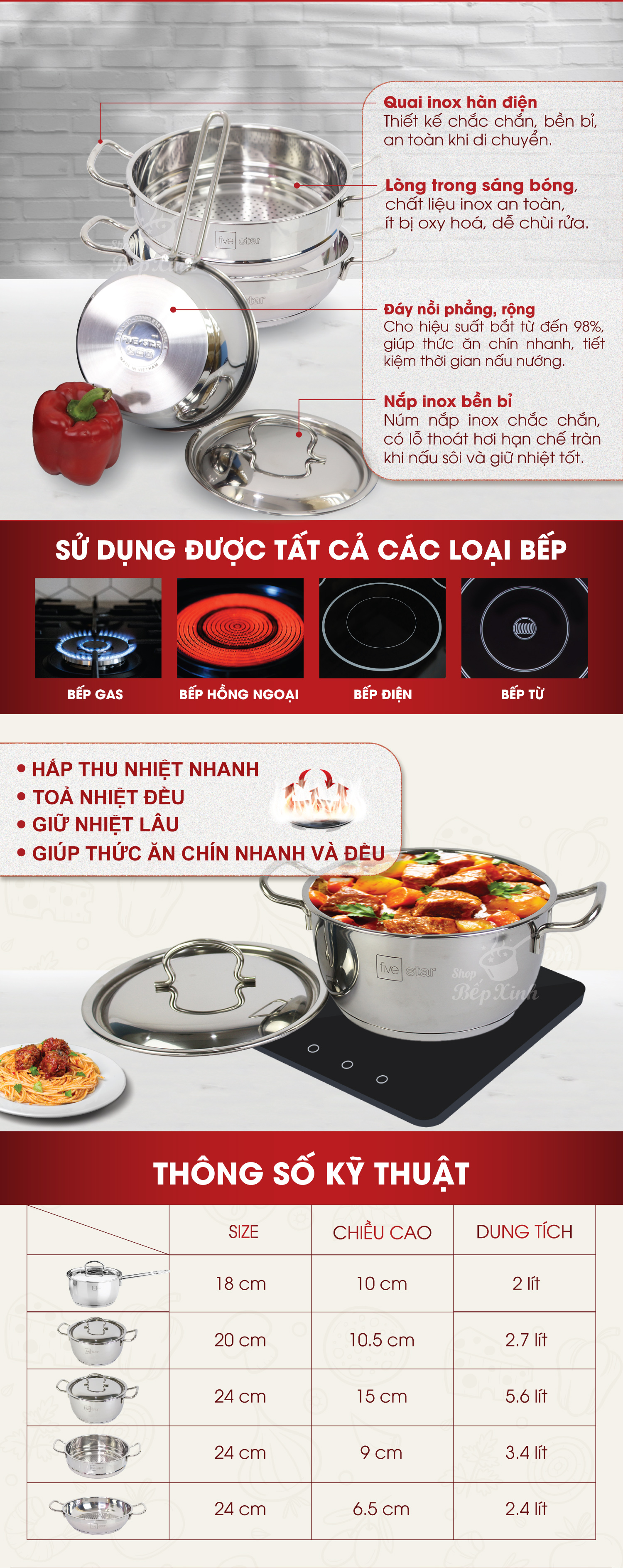 Bộ nồi xửng hấp quánh chảo caro inox 430 bếp từ 3 đáy Five Star 5 món
