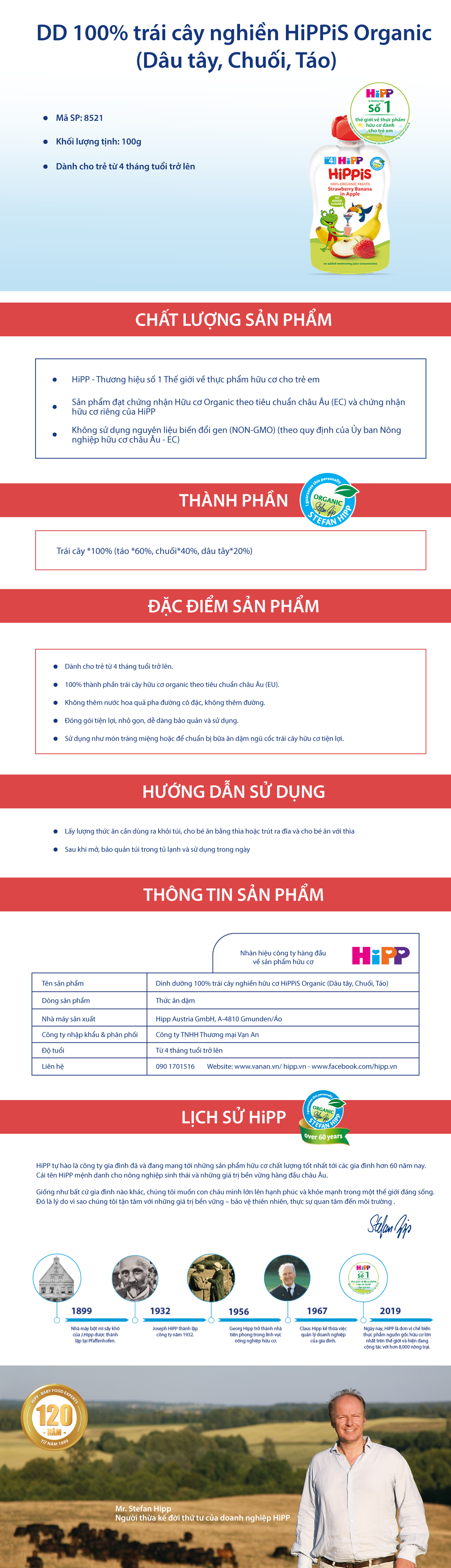 Trái Cây Nghiền Hữu Cơ HiPPiS Organic Dâu tây, Chuối, Táo - 8521 (100g)