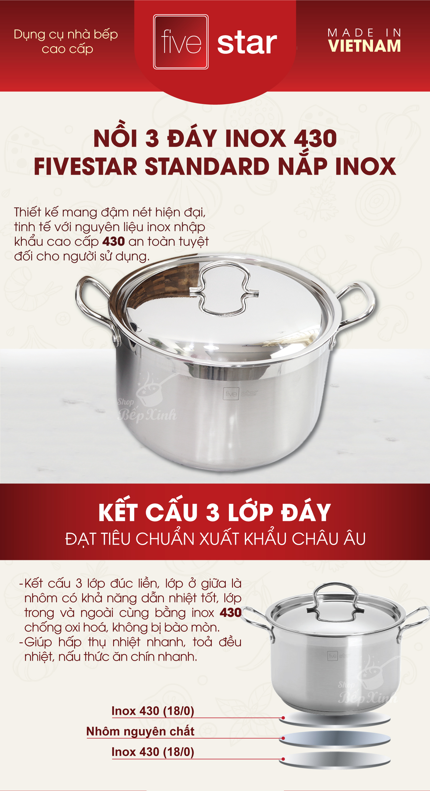 Nồi Inox 3 đáy inox 430  Fivestar bếp từ nắp inox tặng 2 vá canh