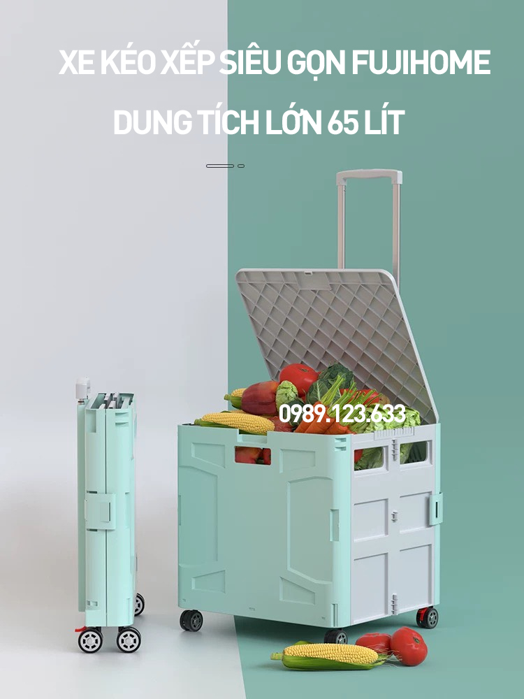 Xe kéo đi chợ siêu thị  65L xếp gọn nhập khẩu FUJIHOME ST250, bánh xe xoay 360 độ, xe đẩy hình hộp vali 65L xếp gọn đa năng- Hàng chính hãng