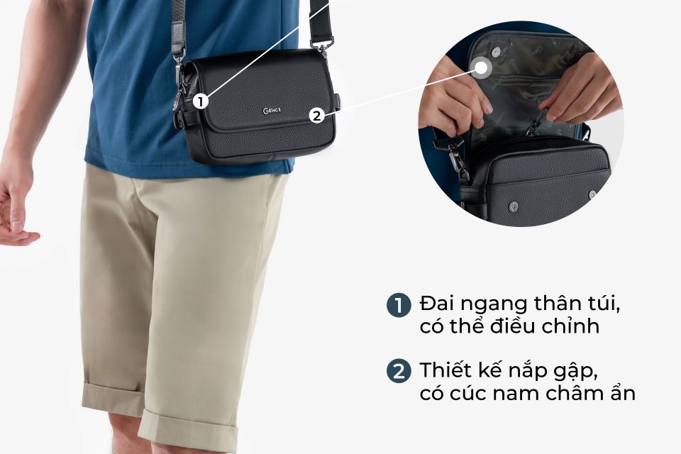 Túi Đeo Chéo Công Sở Túi Nam Hàng Hiệu GENCE TD07 Da Bò Cao Cấp Màu Đen Dáng Ngang