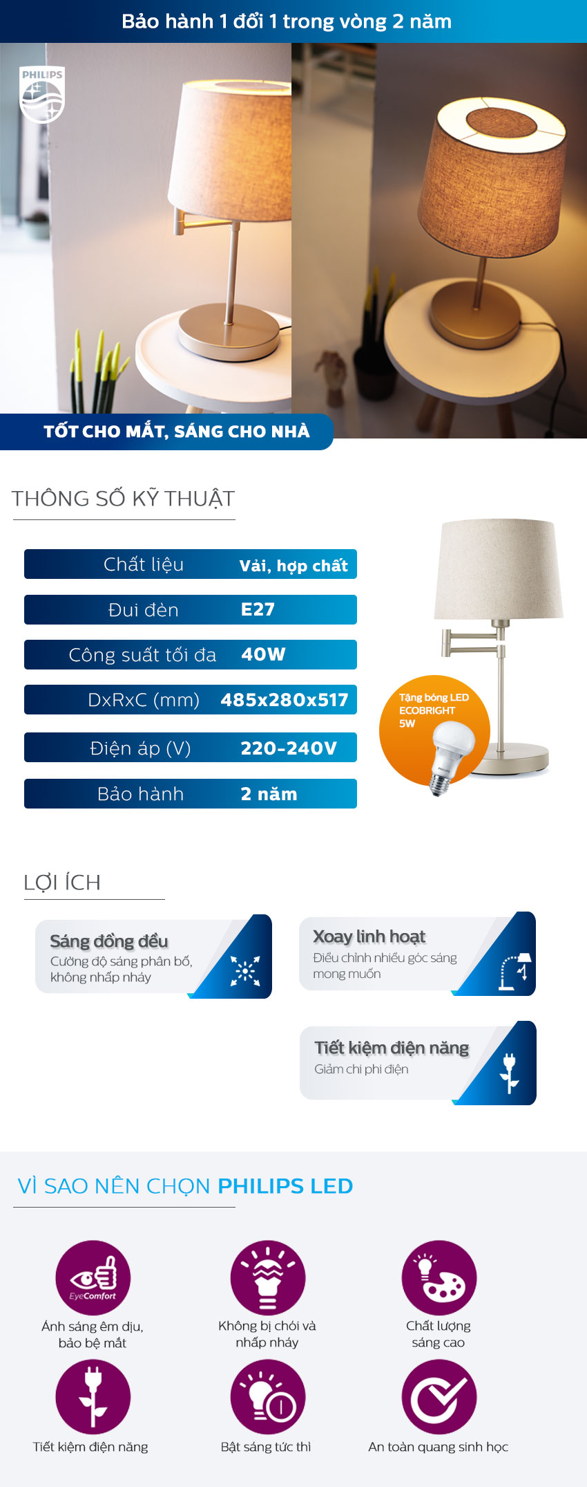 Đèn Trang Trí Để Bàn Philips 36132 Donne Table Lamp - Tặng 1 Bóng Đèn LED Philips Ecobright 5W - Ánh Sáng Vàng - Hàng Chính Hãng