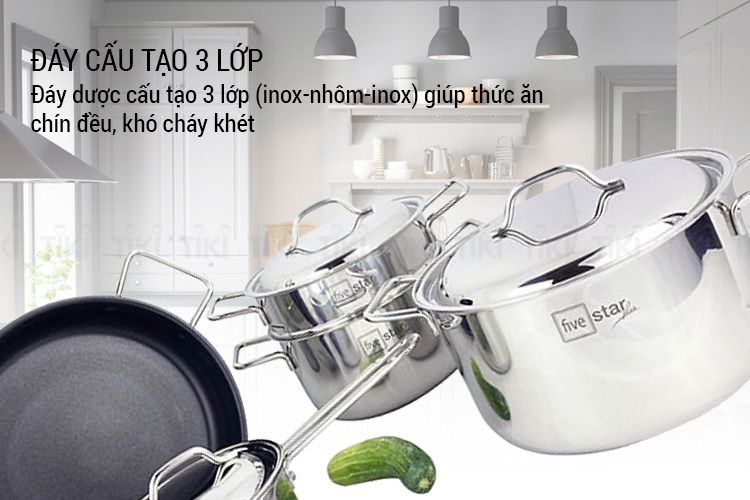 Bộ 5 Nồi Inox 304 3 Đáy Osaka Fivestar Nắp Inox 08pcs FS08C4