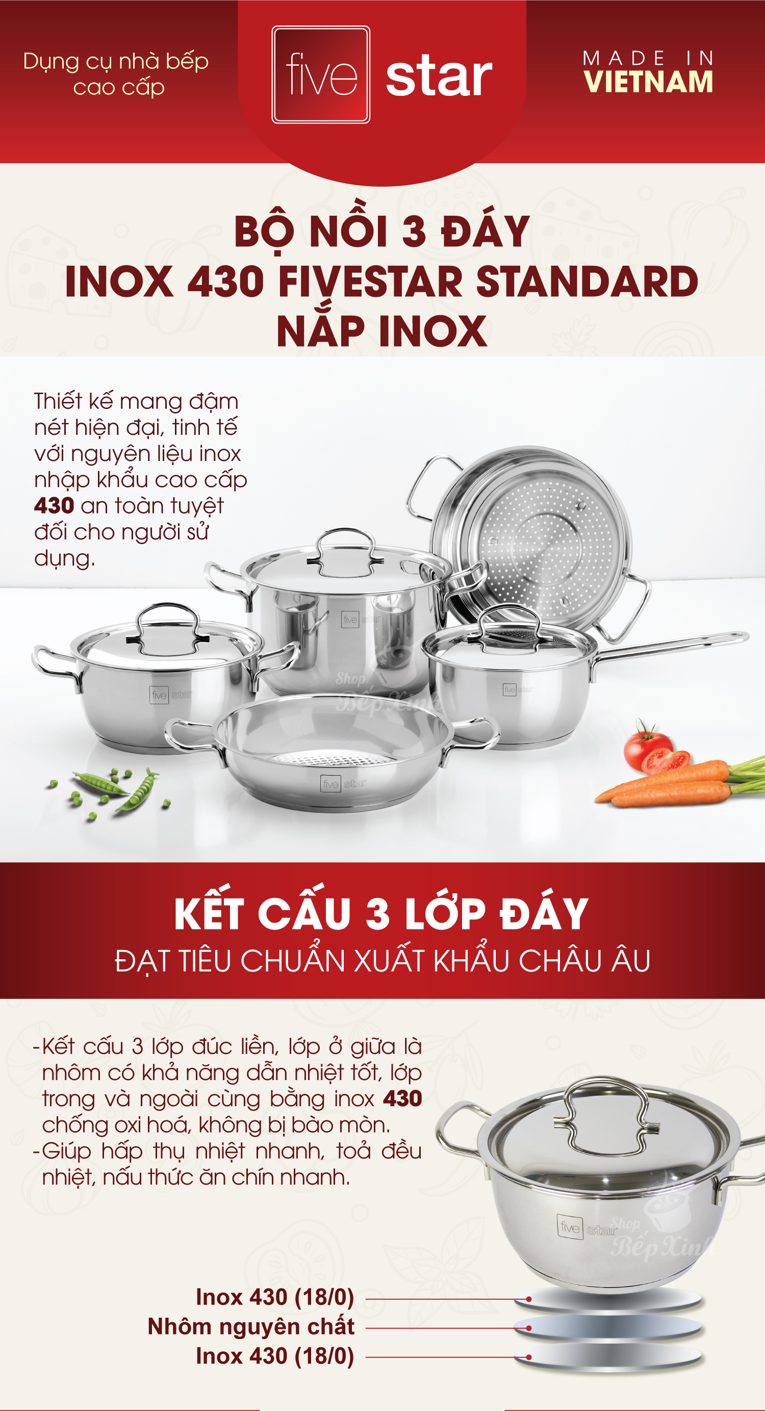 Bộ nồi xửng hấp quánh chảo caro inox 430 bếp từ 3 đáy Five Star 5 món