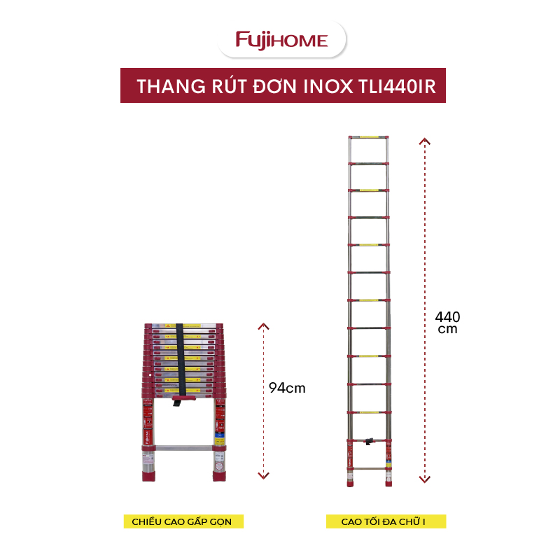 Thang Inox rút đơn 3.8M-5.4M xếp gọn Nhập Khẩu FUJIHOME, thang rút gọn chữ I đa năng chốt khóa tự động an toàn chân chống trơn trượt - Hàng chính hãng