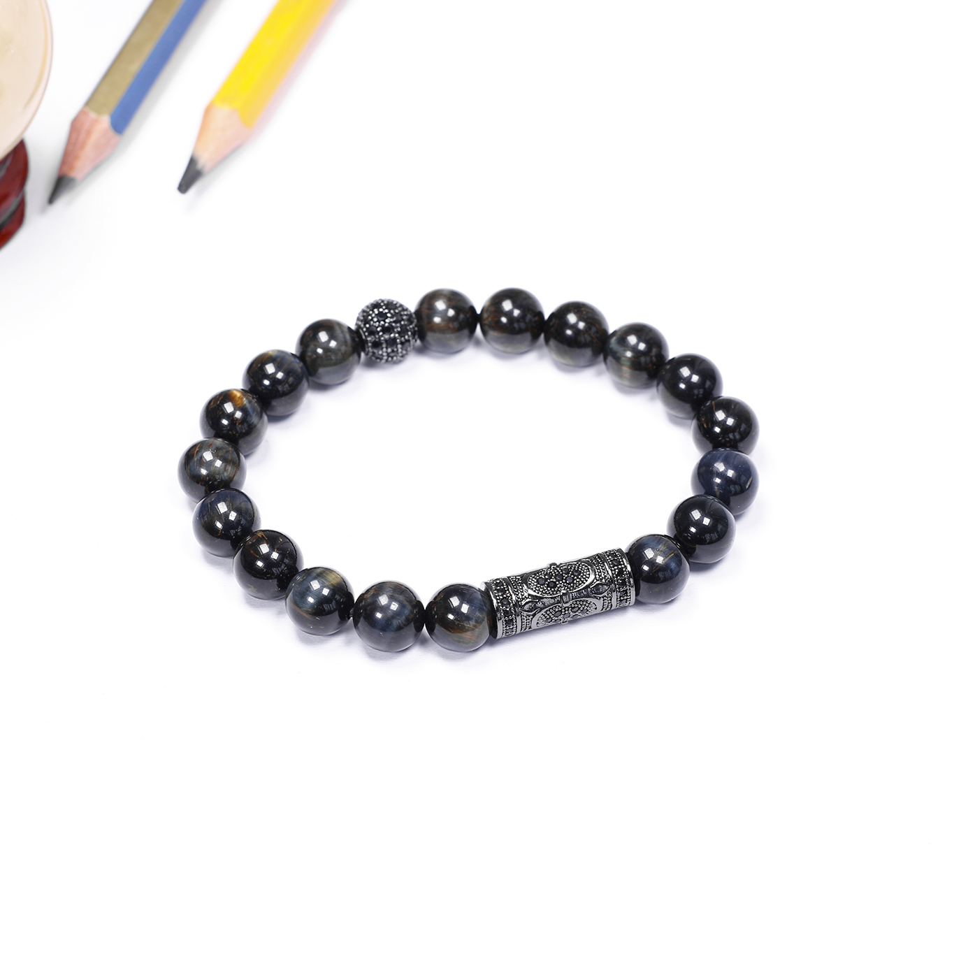 Vòng tay đá mắt hổ xanh đen phối charm hợp kim 8mm mệnh thủy,mộc - Ngọc Quý Gemstones