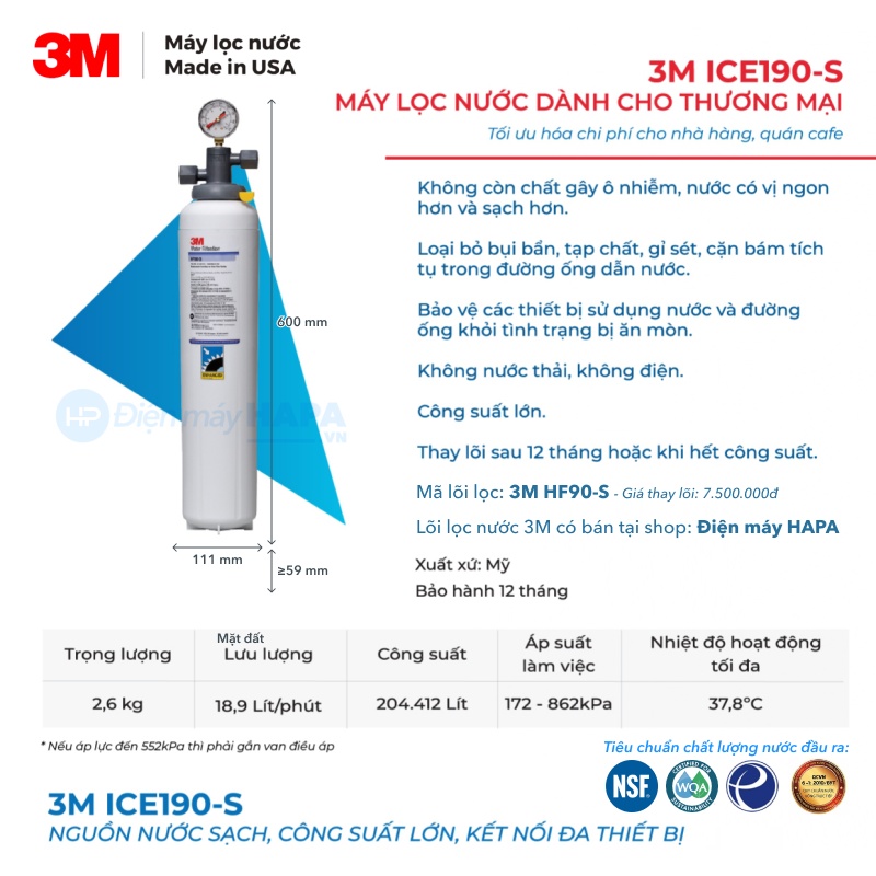 Thông số kỹ thuật Máy Lọc Nước 3M ICE190-S Chuyên Dùng Trong Thương Mại, Nhập Khẩu Mỹ - Hàng Chính Hãng 3M
