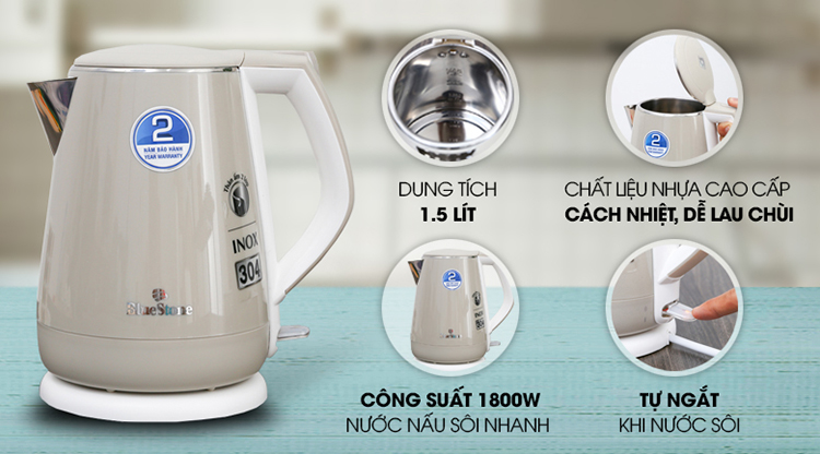 Ấm Đun Siêu Tốc 2 Lớp Bluestone KTB-3351 - 1.5L (Màu Ngẫu Nhiên) - Hàng chính hãng Ấm Đun Siêu Tốc 2 Lớp Bluestone KTB-3351 - 1.5L (Màu Ngẫu Nhiên) - Hàng chính hãng