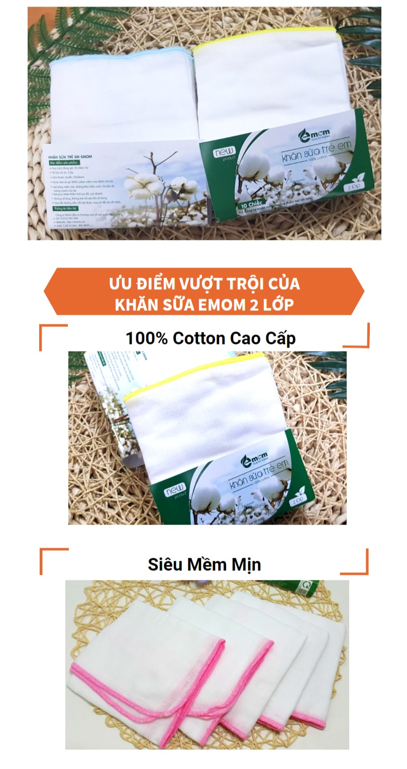 [Set 10 Chiếc] Khăn Sữa Cho Bé Sơ Sinh 2 Lớp Emom, 100% Cotton Cao Cấp, Siêu Mềm Mịn, Thoáng Mát 1