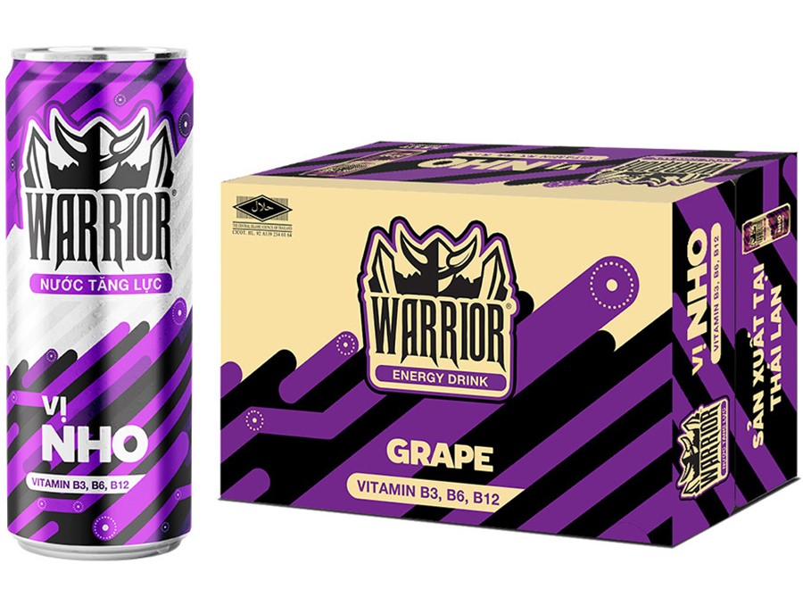 Thùng 24 Lon Nước Tăng Lực Có Gas Warrior Vị Nho 320ml