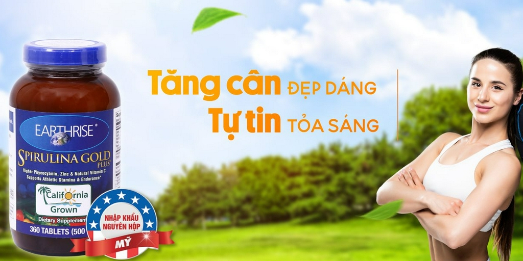 Tảo Mặt Trời Earthrise Spirulina Gold Plus - Hỗ trợ tăng cân - Lọ 360 viên