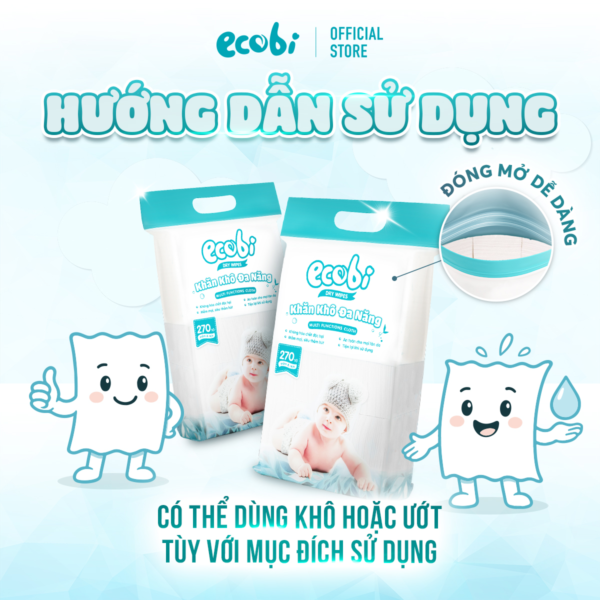 Thùng 03 túi khăn vải khô đa năng cho bé EcoWipes túi 270 tờ 345g mềm mịn dai thấm hút tốt