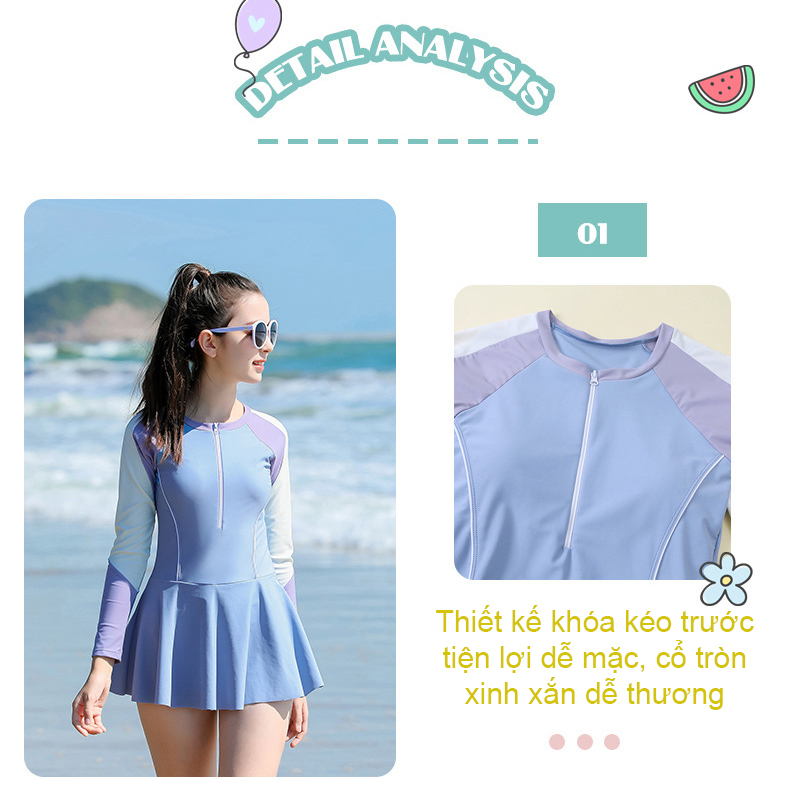 Đồ bơi size lớn cho bé gái, mẫu liền thân tay dài chống nắng, áo tắm big size dáng váy có khóa kéo trẻ em nữ, chất thun bơi lạnh cao cấp | BT38