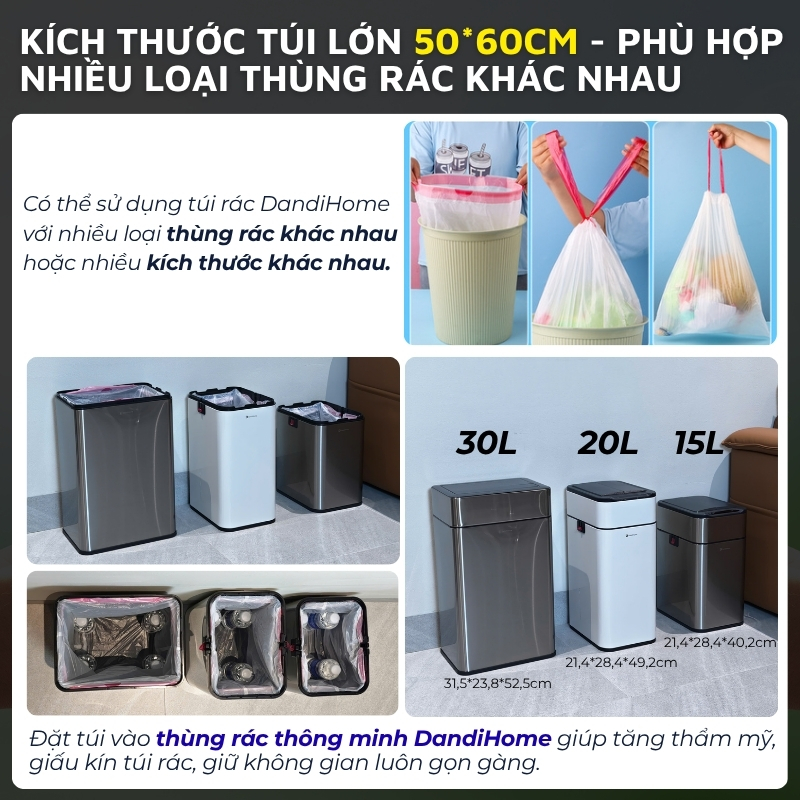 Túi rác, túi đựng rác tự hủy sinh học DandiHome có dây rút, túi rác không gây hại cho môi trường