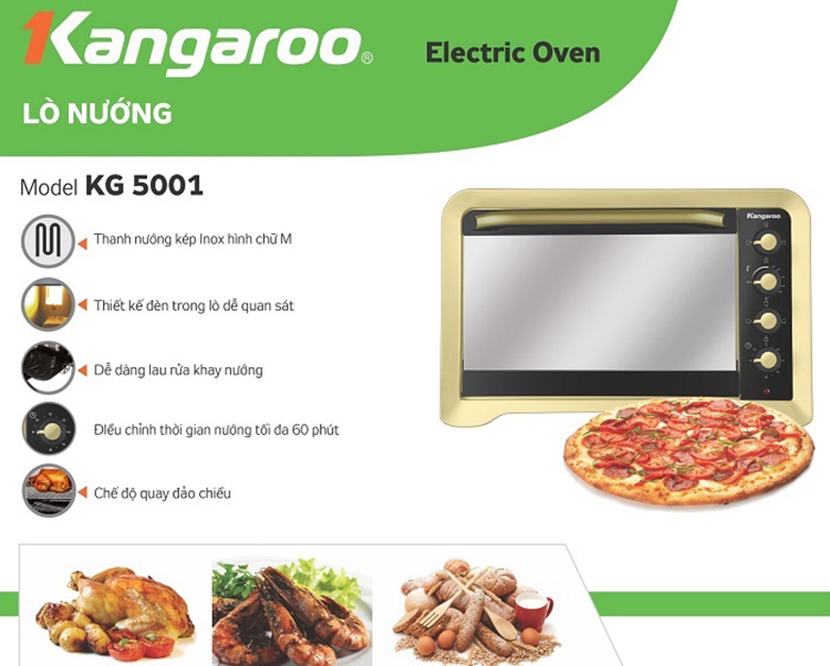 Lò Nướng Mặt Kính Tráng Gương Kangaroo KG5001 (50L)