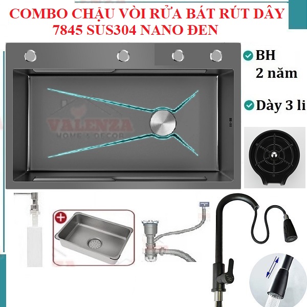 Chậu rửa bát inox304 chống xước 7845 nano đen dày 3li, vòi rửa bát nóng lạnh rút dây nano, bộ xả, khay inox, xịt ly cốc, bình rửa bát