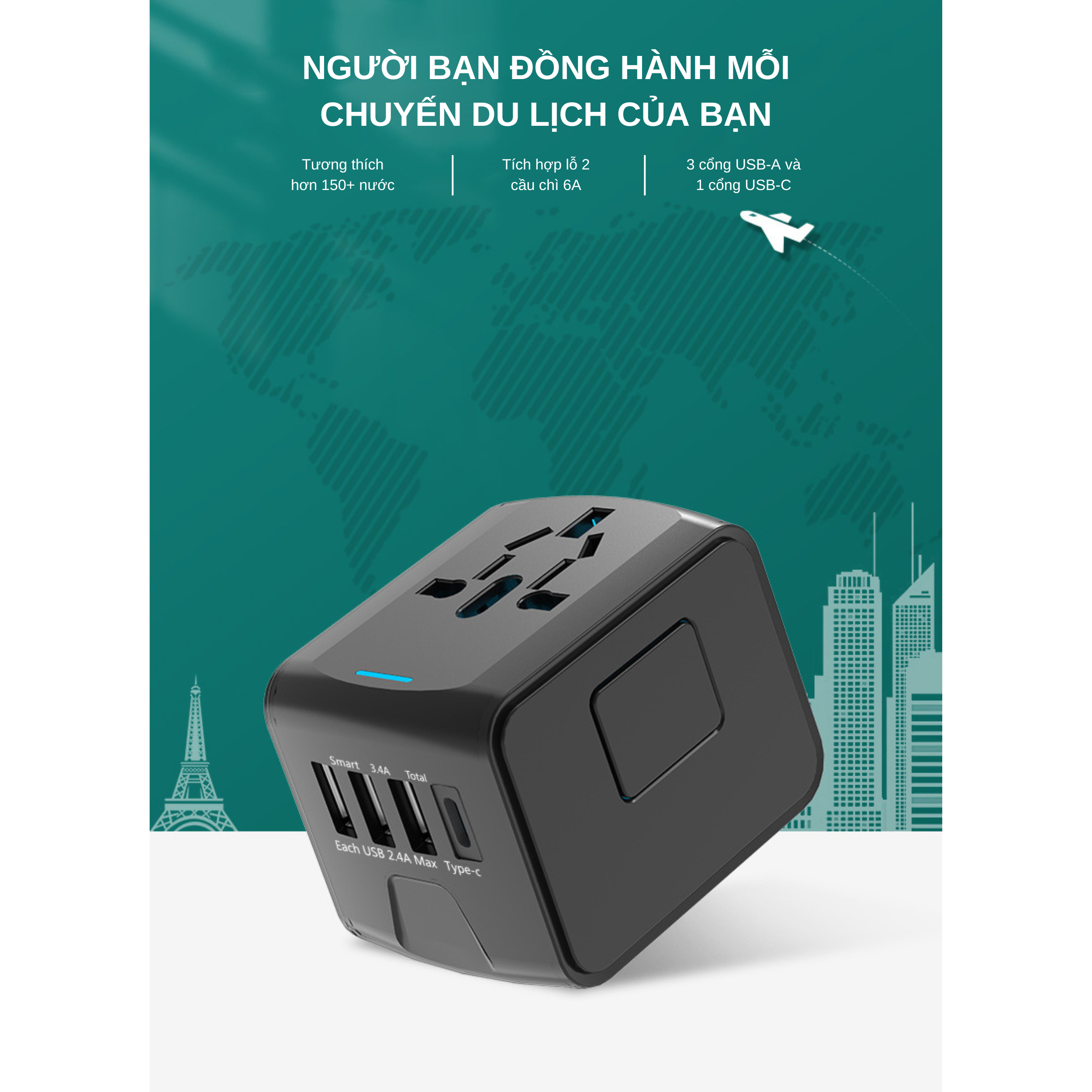 Mua Ổ Cắm Điện Du Lịch Quốc Tế Đa Năng Tích Hợp 3 Cổng USB-A 1 Cổng USB C. Chất Liệu Nhựa PC Chống Cháy Phù Hợp Với Hơn 150 Nước. Hàng Mua Ổ Cắm Điện Du Lịch Quốc Tế Đa Năng Tích Hợp 3 Cổng Usb-A 1 Cổng Usb C. Chất Liệu Nhựa Pc Chống Cháy Phù Hợp Với Hơn 150 Nước. Hàng