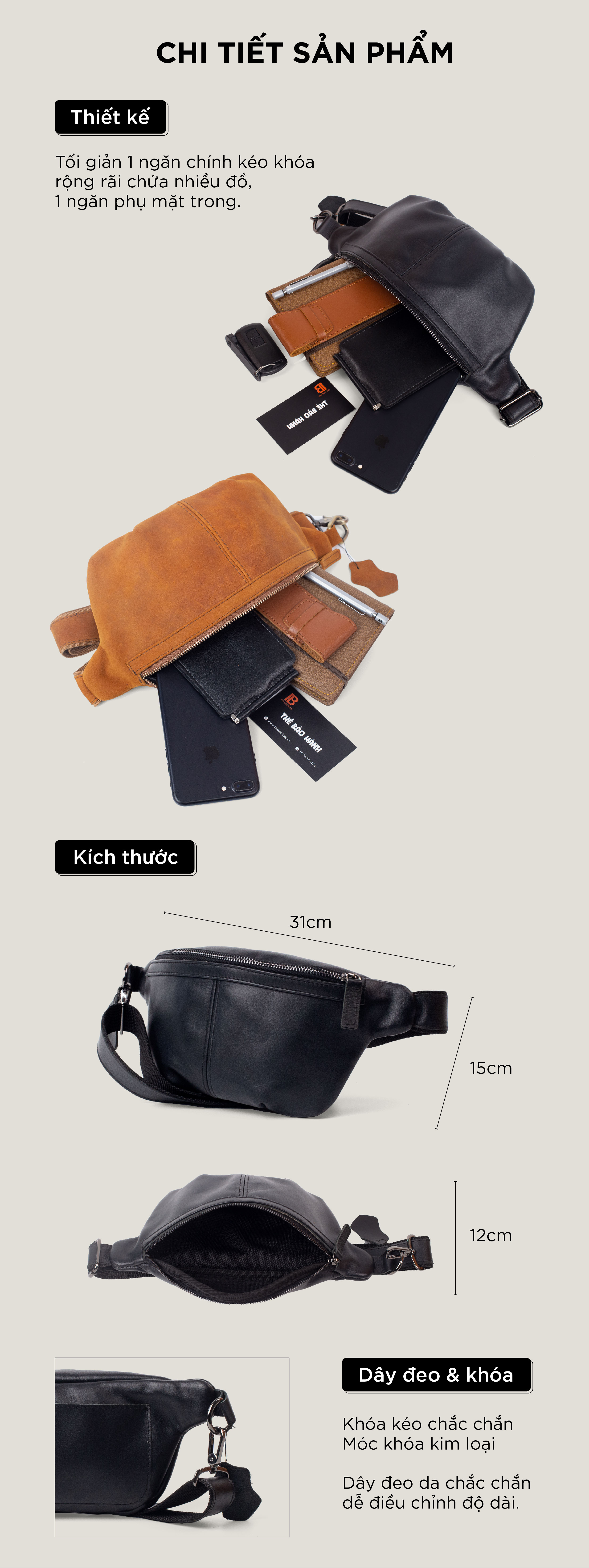Túi đeo chéo nam, túi bao tử nam Mars Bụi Leather DC109 - Da bò thật cao cấp - Bảo hành 12 tháng