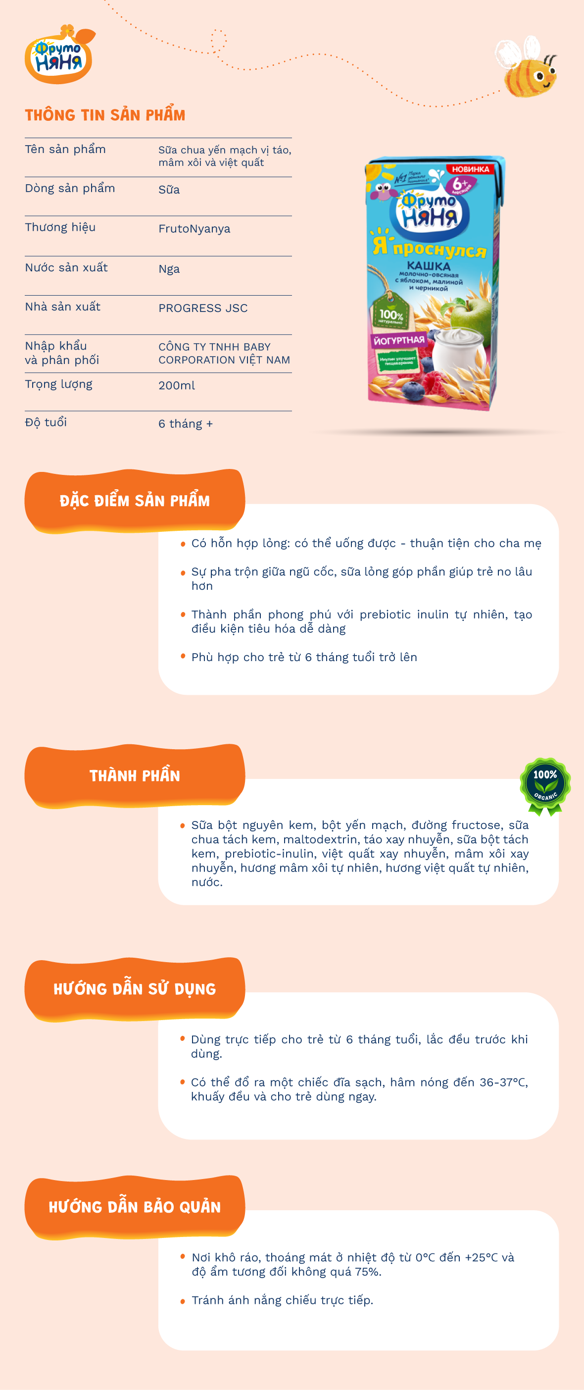 Sữa chua yến mạch vị táo, mâm xôi và việt quất Fruto Nyanya 200ml