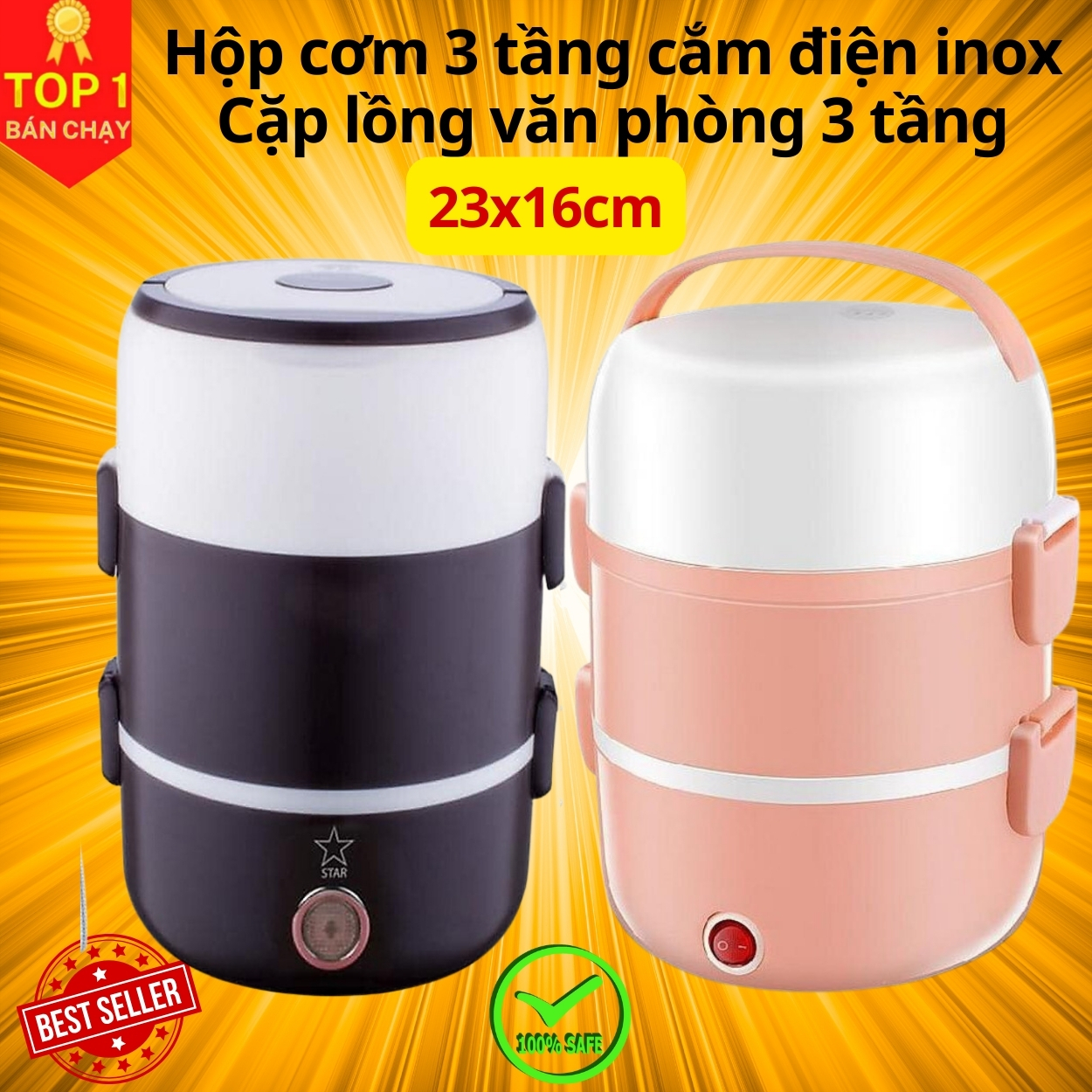Bộ Hộp Cơm Giữ Nhiệt Văn Phòng Cao Cấp Cắm Điện inox 3 tầng - Chính Hãng