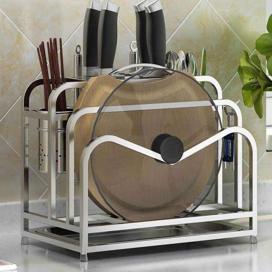 Giá Để Dao Thớt Nhà Bếp Ai heart Thép Không Gỉ Kết Hợp Ống Đựng Đũa ( 4 Ngăn)