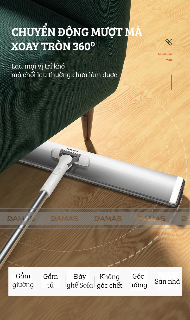 Cây Lau Nhà Thông Minh Hợp Kim Cao Cấp, Chổi Lau Nhà 360 Độ Lau Sạch Vắt Khô DAMAS CT2 - Bản Lau To Giúp Lau Sạch Nhanh Chóng, Khớp Xoay 180 Độ Linh Hoạt - Tự Động Gấp Gọn Tiện Lợi, Tích Hợp Thanh Lược Chải Làm Sạch Bông Lau Dễ Dàng Mà Không Cần Động Tay