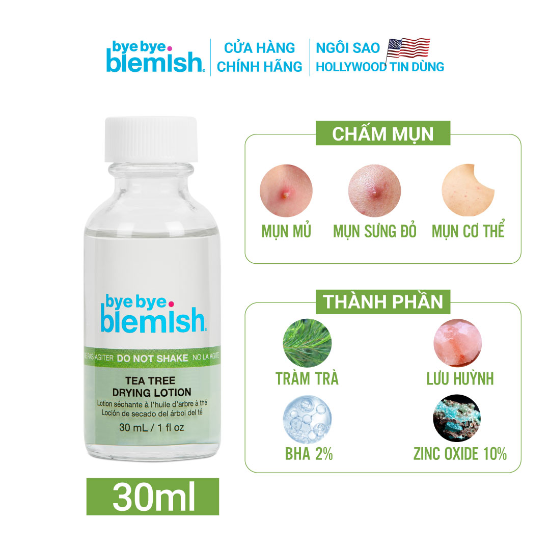 Chấm mụn Tràm Trà giảm mụn nhanh sau 1 đêm dành cho da mụn sưng viêm Bye Bye Blemish Tea Tree Drying Lotion 30ml