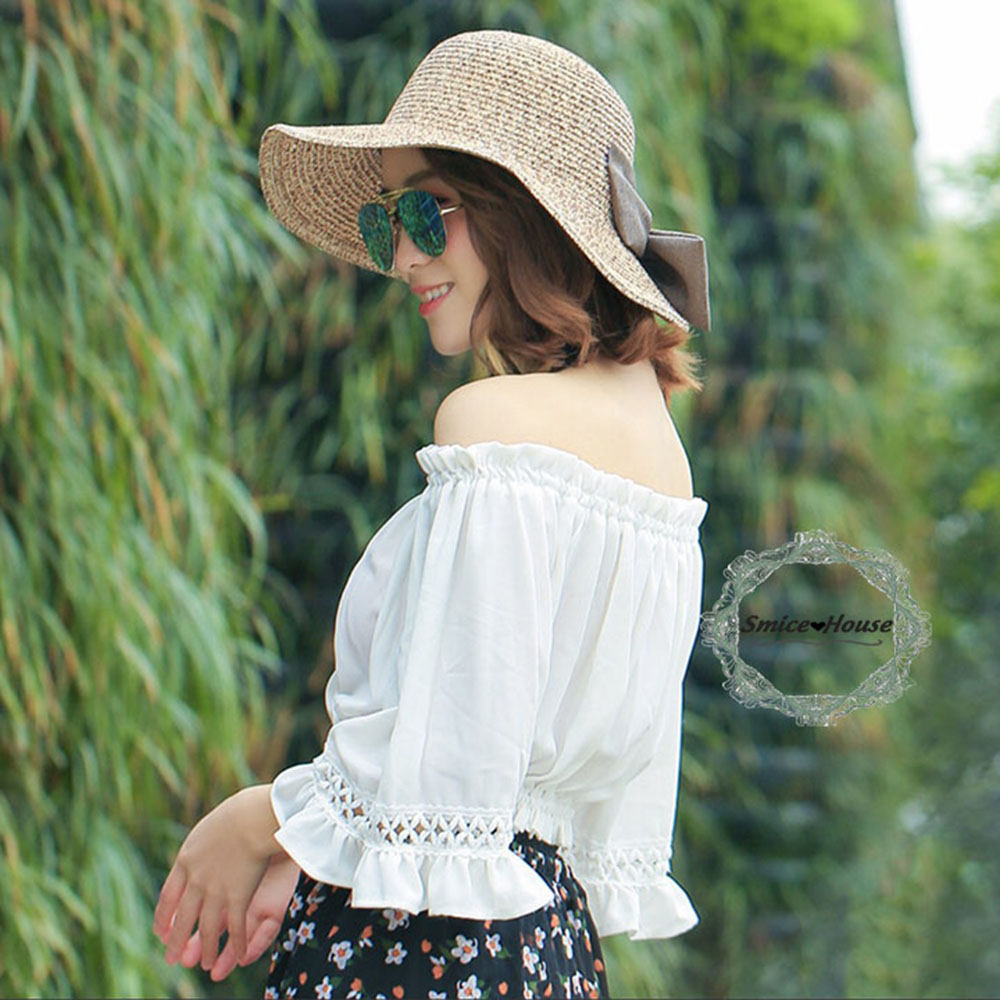 Mũ nón chống nắng vành rộng cho nữ đi biển dạo phố có đính nơ nón cói mềm có thể gấp gọn nhiều màu - Smice House