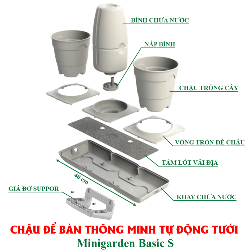 Chậu Để Bàn Tự Tưới và Tự bón phân Basic S , nhập khẩu Minigarden dành cho người yêu cây xanh nhưng không có thời gian chăm sóc cây (Giải pháp trồng cây TỰ DƯỠNG bền vững) (1 bộ gồm 2 chậu S, 1 khay hứng nước, 1 bình chứa nước và phân)