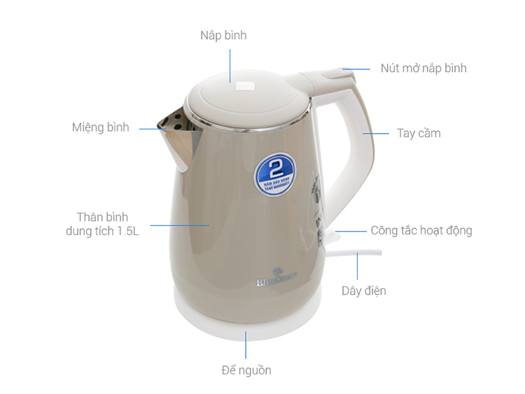Ấm Đun Siêu Tốc 2 Lớp Bluestone KTB-3351 - 1.5L (Màu Ngẫu Nhiên) - Hàng chính hãng Ấm Đun Siêu Tốc 2 Lớp Bluestone KTB-3351 - 1.5L (Màu Ngẫu Nhiên) - Hàng chính hãng