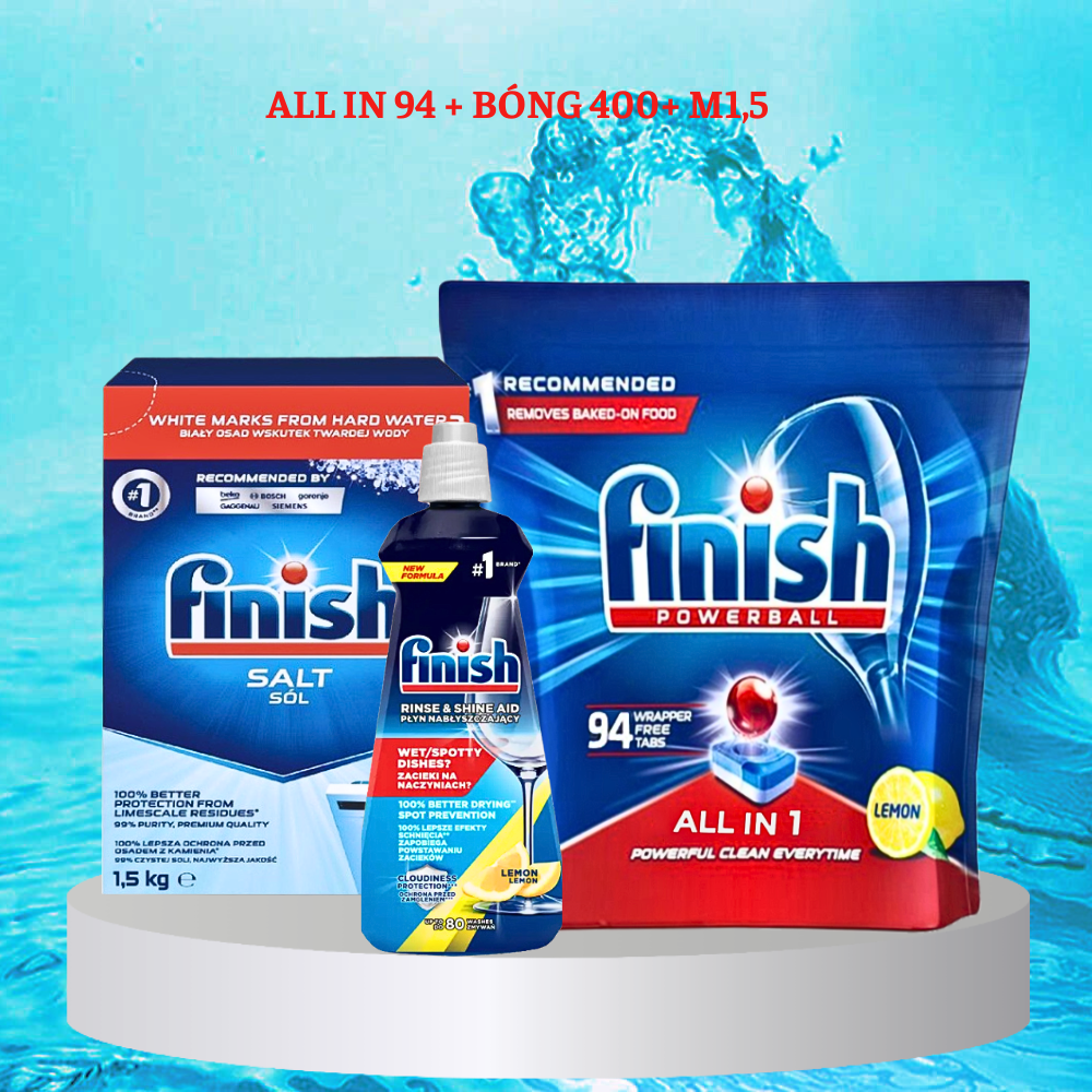 Combo rửa bát Finish: Hộp All In One 90 viên, Muối 1.5kg, Nước làm bóng 400ml - Nhập khẩu EU