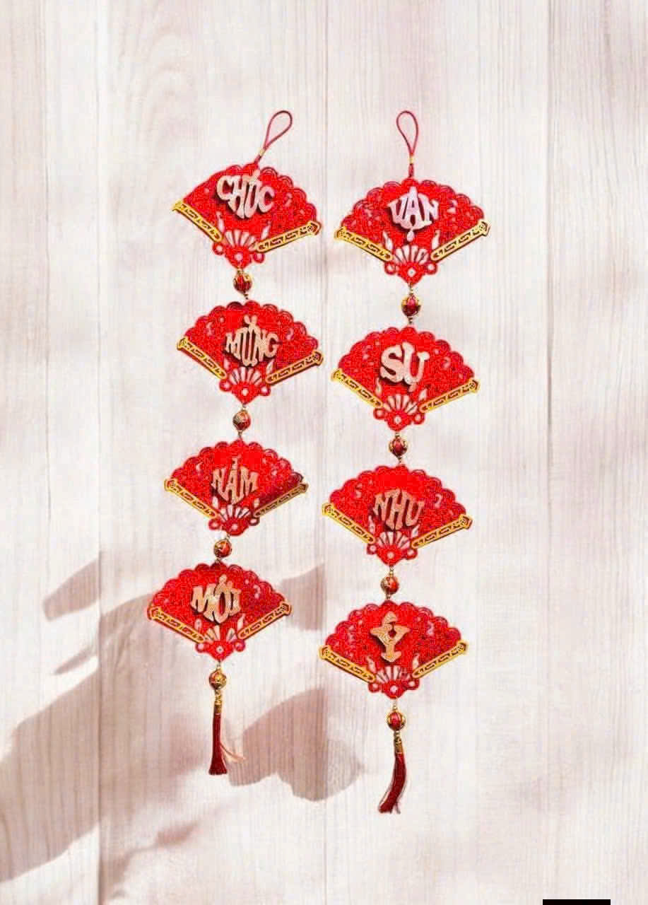 Set 2 Dây Liễn 8 Quạt Treo Trang Trí Tết Vạn Sự Như Ý - Chúc Mừng Năm Mới