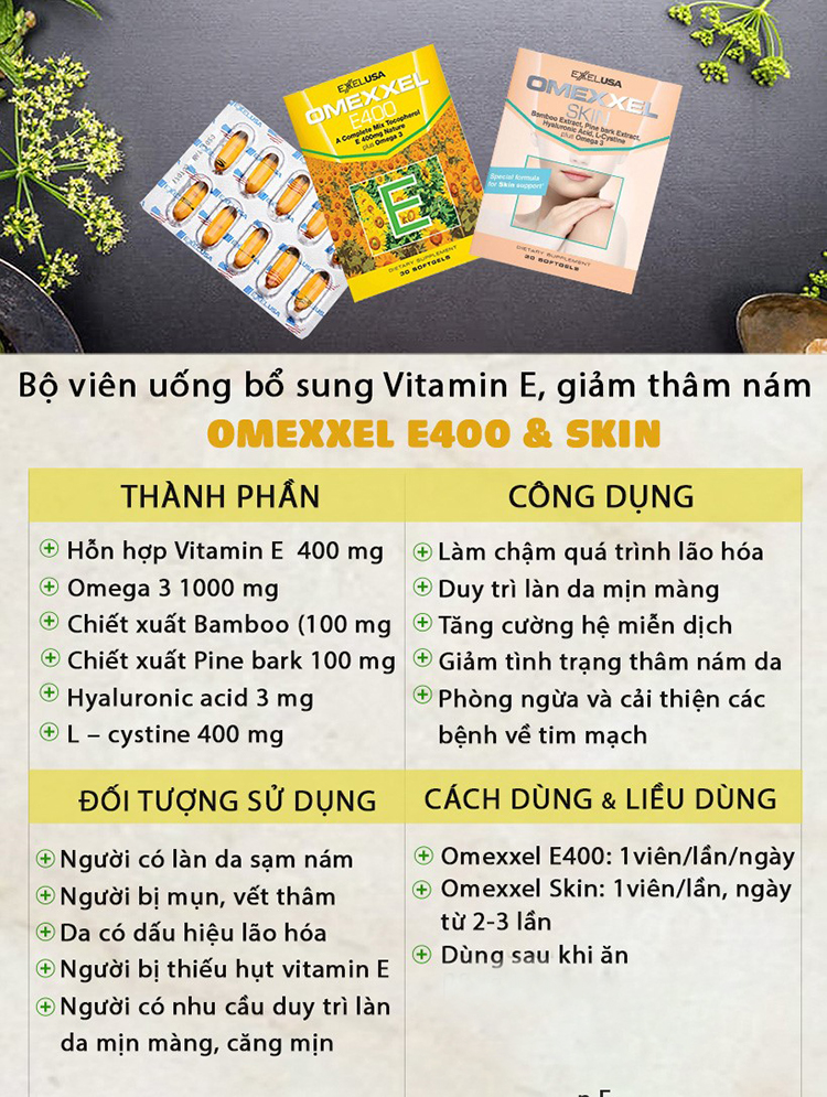 Bộ thực phẩm chức năng viên uống bổ sung Vitamin E, giảm thâm nám Omexxel E400 & Skin 60 viên