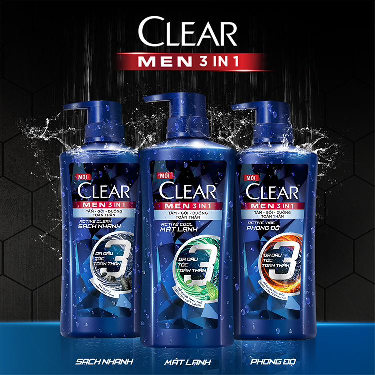 Dầu Tắm Gội Clear Men 3 Trong 1 - Active Cool Mát Lạnh (630g)