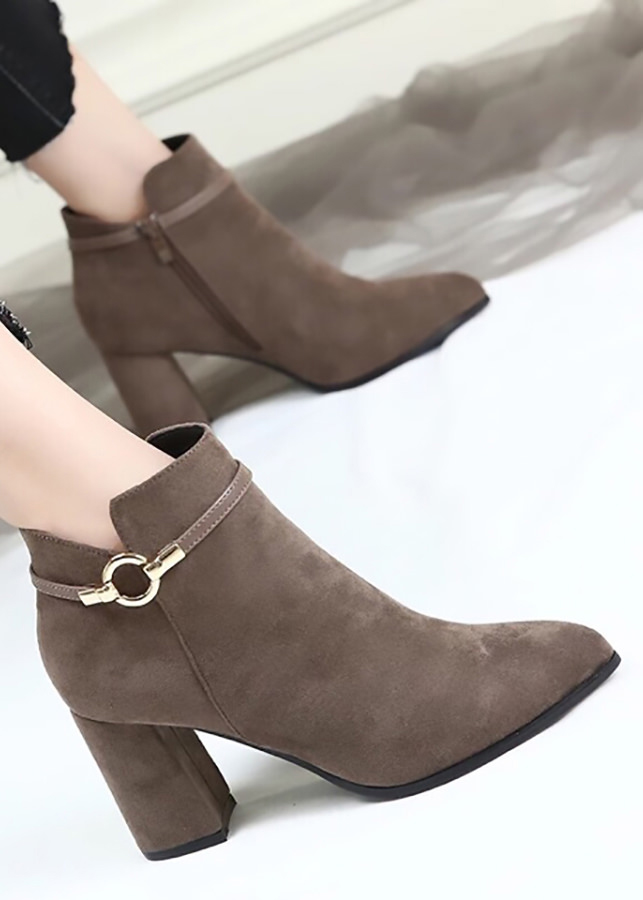 Giày Bốt Nữ Hapu Cao Gót Da Lộn Khóa Kéo Khuy Tròn