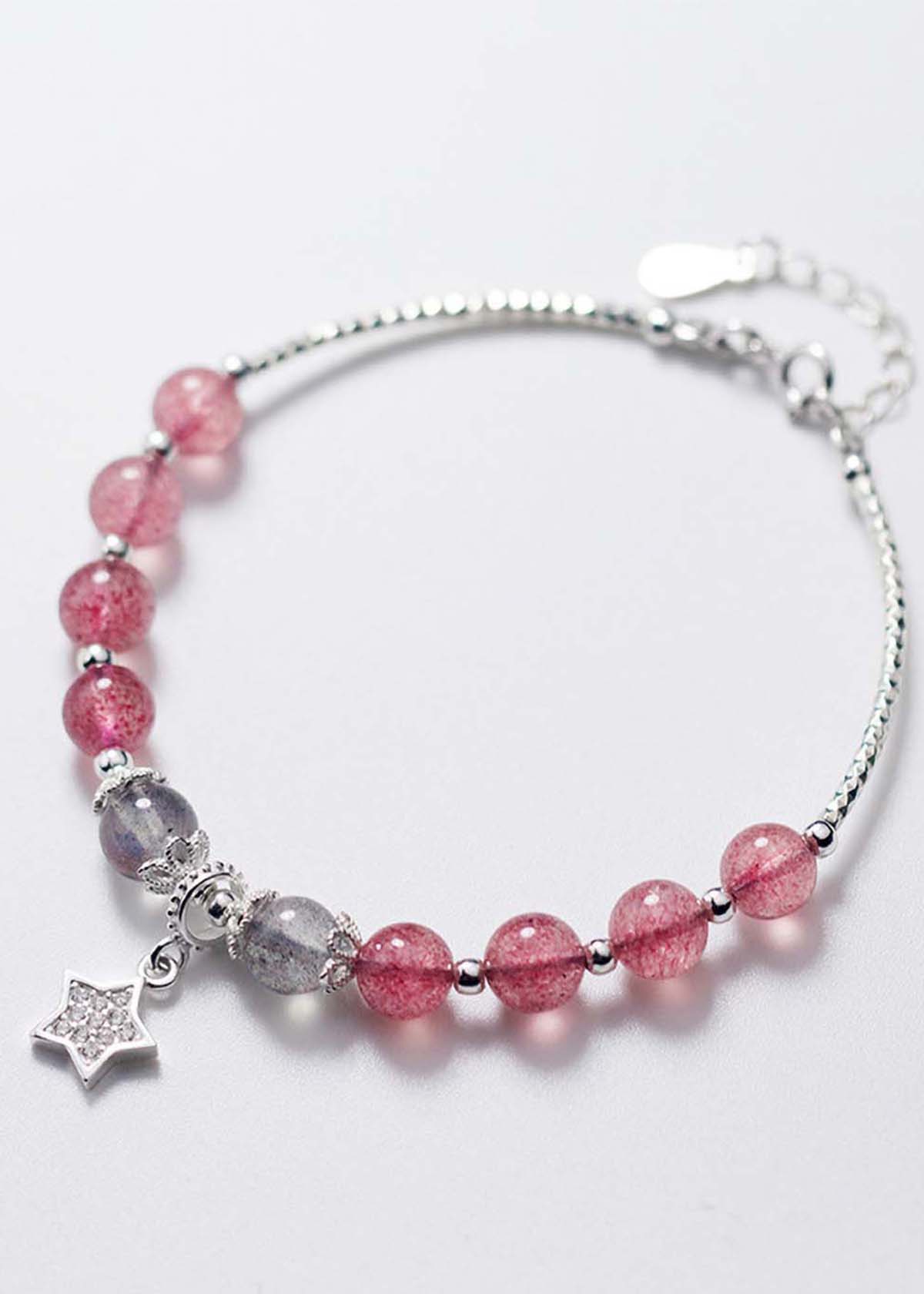 Vòng tay đá thạch anh dâu phối xà cừ xám và charm sao - Ngọc Quý Gemstones