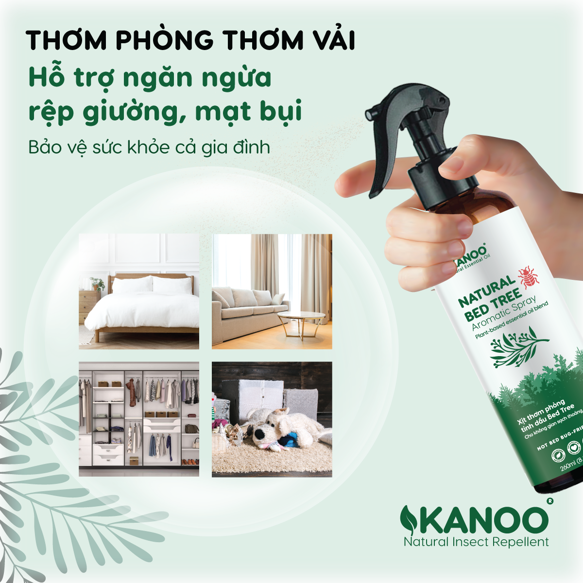 Bình xịt thơm phòng hỗ trợ ngăn ngừa ve bọ, rệp giường, mạt bụi KANOO, thành phần từ thảo dược tự nhiên. Bình xịt thơm phòng, hỗ trợ đuổi côn trùng
