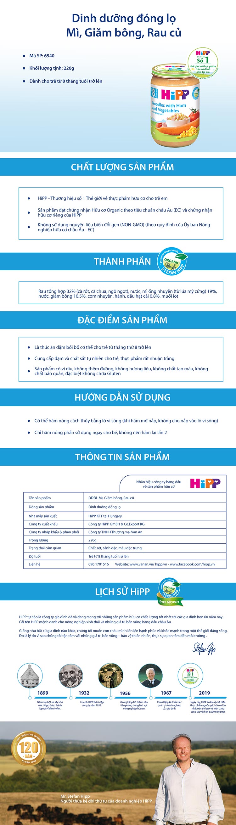 Hũ Dinh Dưỡng Giăm Bông, Rau Và Mì Sợi HiPP 6540 (220g)